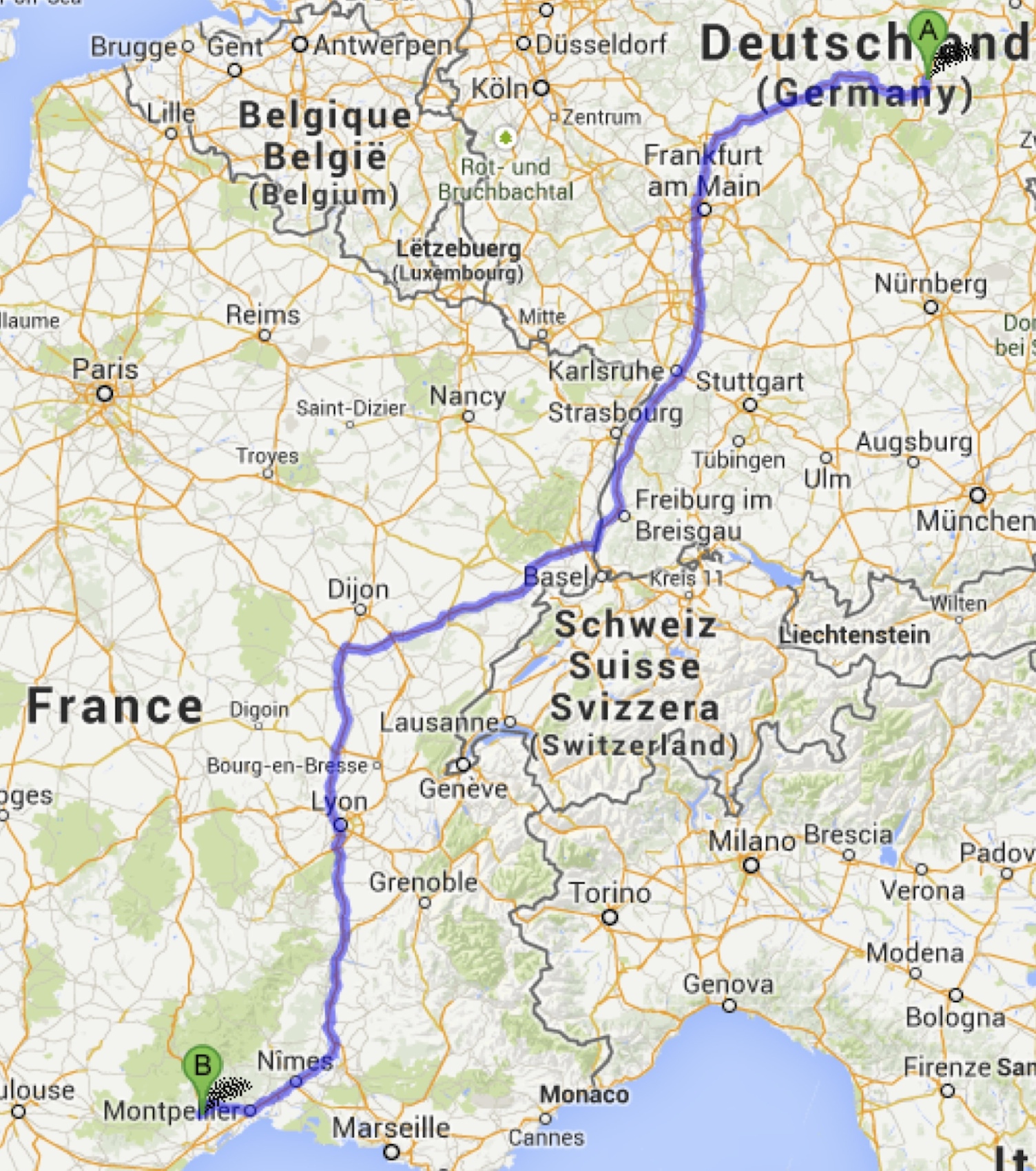 Die kürzeste Strecke von Erfurt nach Les Crozes über Frankfurt, Mulhouse, Lyon und Montpellier.